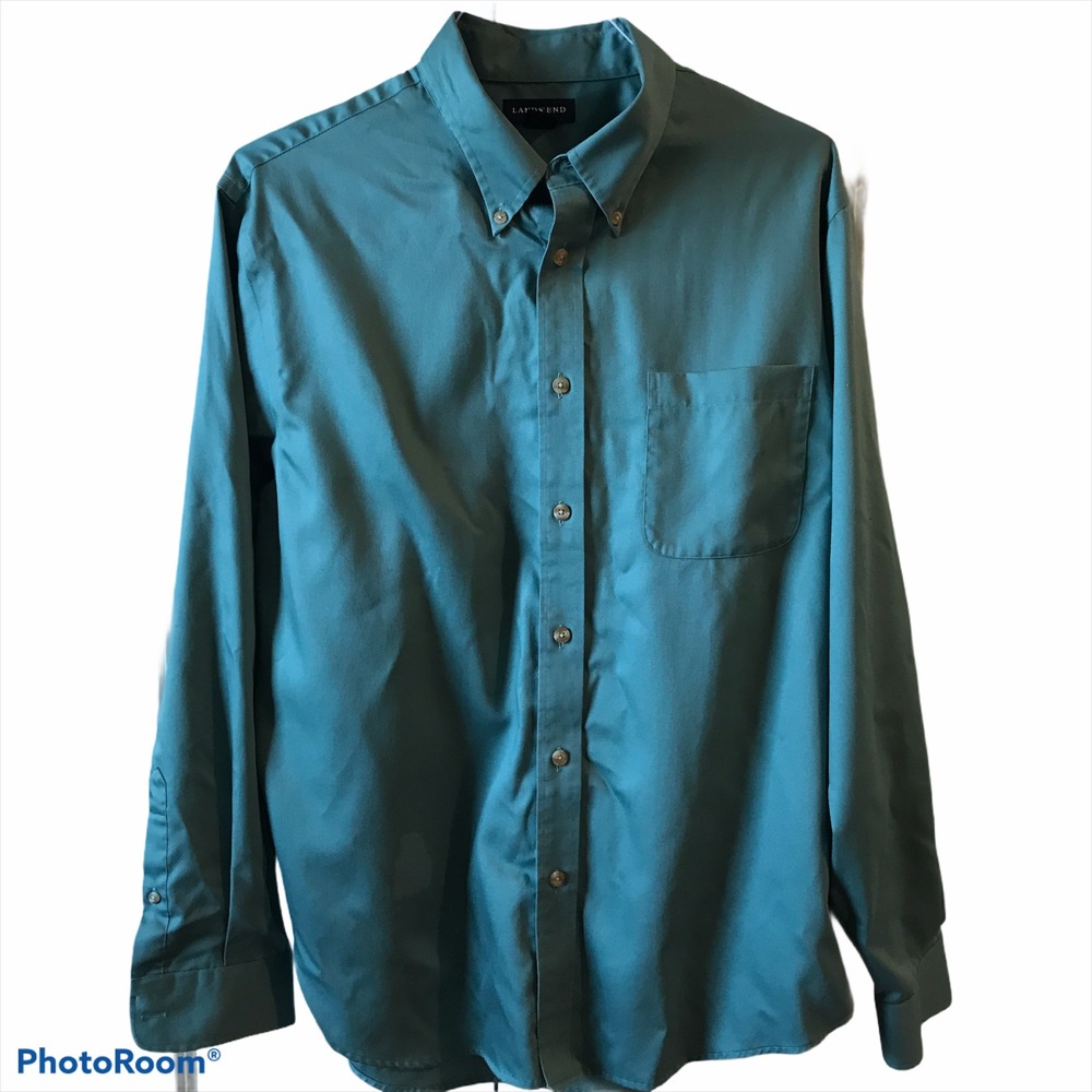 Lands End Mens Designer Solid Sage Button Down Dress Shirt Size 16-16.5 Large